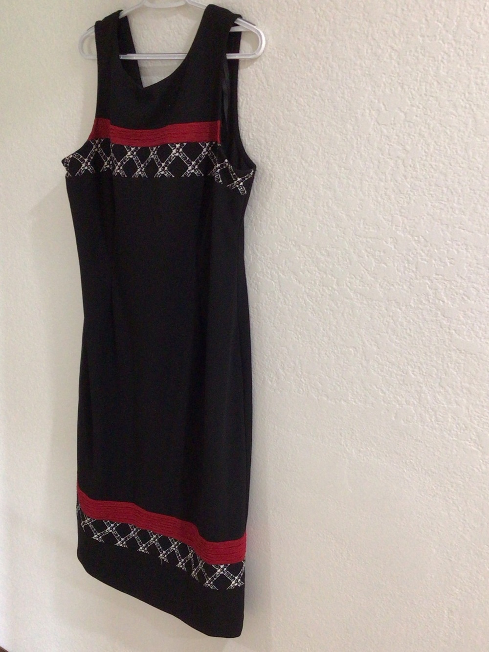 Black Sleeveless Sheath Dress with Red & White Trim